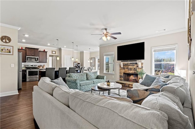 living room with a stone fireplace, crown molding, ceiling fan, and dark hardwood / wood-style flooring