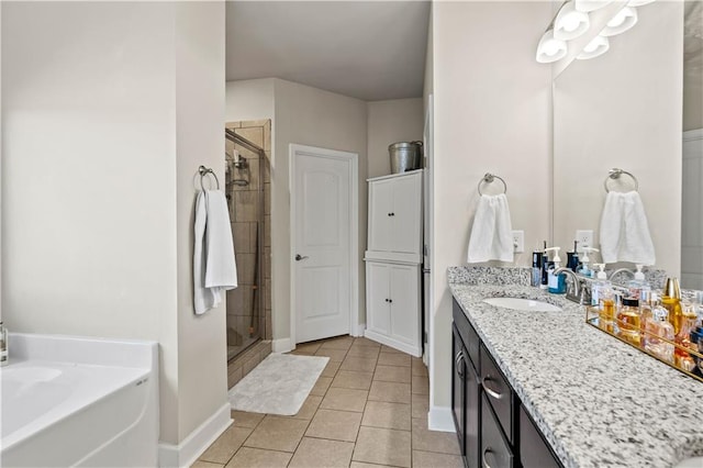 bathroom featuring vanity, independent shower and bath, and tile patterned flooring