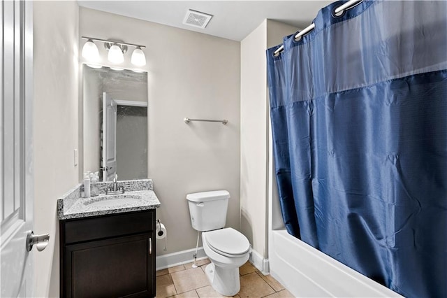 full bathroom featuring vanity, toilet, shower / bath combination with curtain, and tile patterned flooring