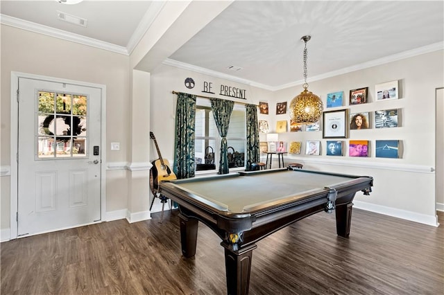 rec room featuring ornamental molding, billiards, dark wood-type flooring, and plenty of natural light