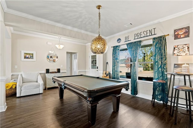 game room with crown molding, dark hardwood / wood-style flooring, and pool table