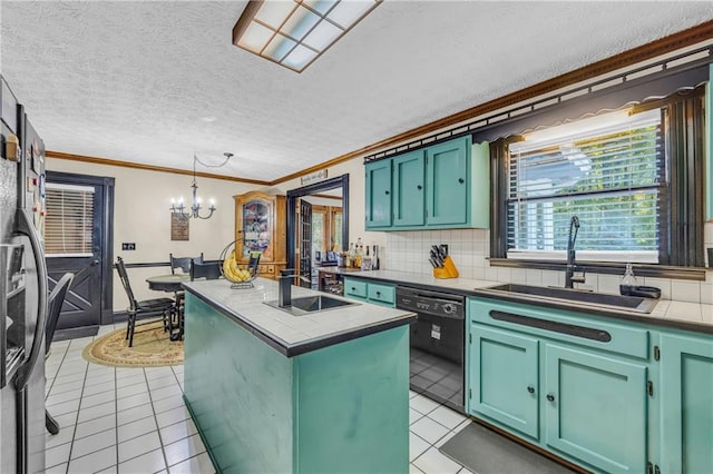 kitchen featuring green cabinets, dishwasher, a center island, and sink