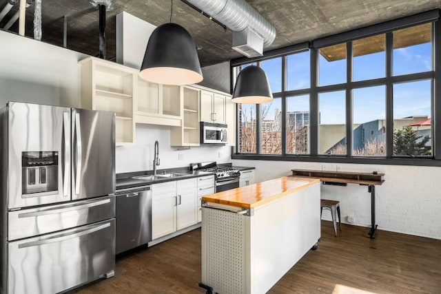kitchen featuring dark wood-style floors, open shelves, appliances with stainless steel finishes, a sink, and wood counters