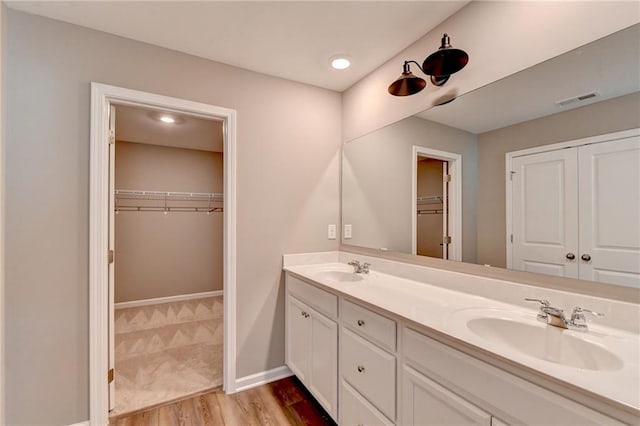 bathroom with wood-type flooring and vanity