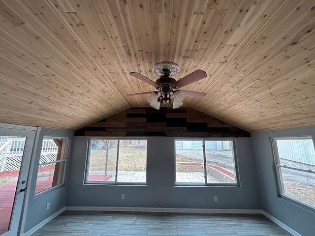 interior space with plenty of natural light, ceiling fan, wood ceiling, and vaulted ceiling