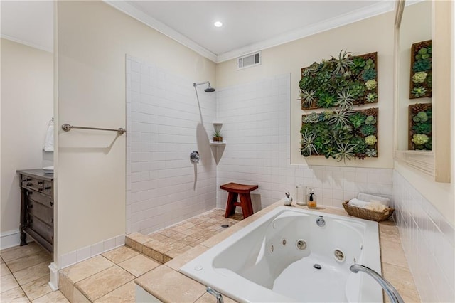 bathroom with tile patterned flooring, crown molding, and shower with separate bathtub