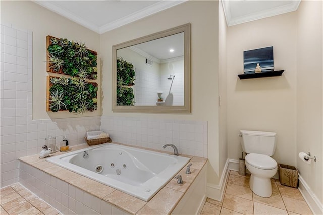 bathroom featuring tile patterned flooring, tiled tub, crown molding, and toilet