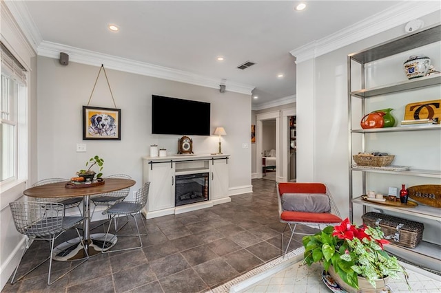 living room with crown molding