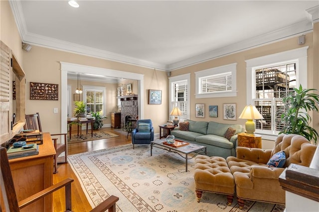 living room with ornamental molding and hardwood / wood-style floors