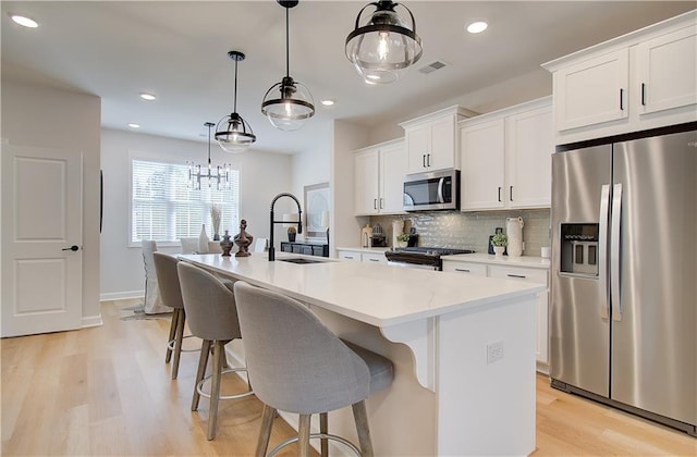 kitchen with visible vents, a center island with sink, a sink, backsplash, and appliances with stainless steel finishes