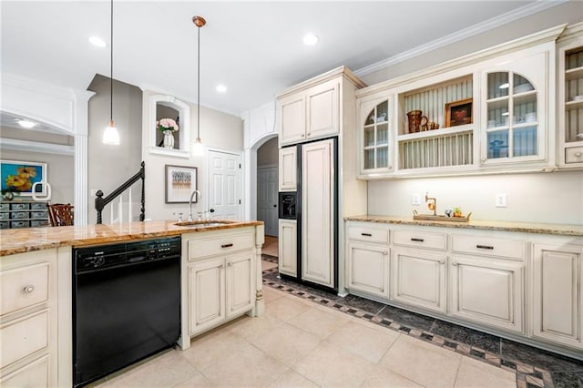 kitchen featuring black dishwasher, a sink, cream cabinetry, paneled built in refrigerator, and ornamental molding