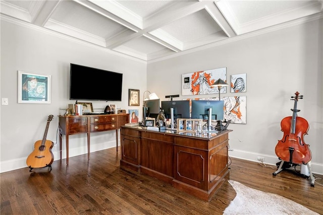 office with coffered ceiling, dark wood finished floors, baseboards, beam ceiling, and ornamental molding