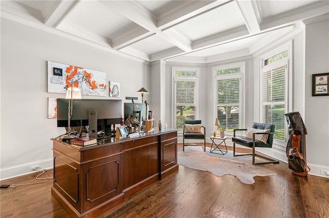 office space featuring baseboards, coffered ceiling, crown molding, beam ceiling, and dark wood-style flooring