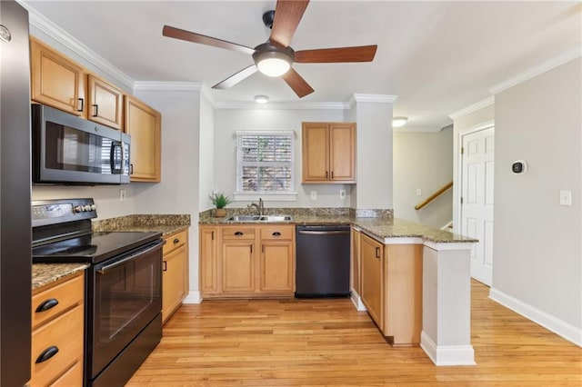 kitchen with black electric range oven, stainless steel microwave, a sink, a peninsula, and dishwashing machine