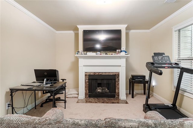 1110 Cureton Dr, Austell, GA 30106 - office area with crown molding, carpet, a high end fireplace, and baseboards