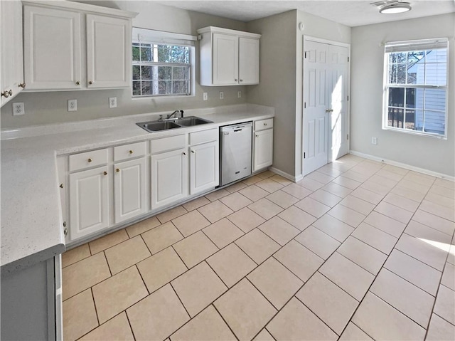 kitchen featuring dishwasher, a healthy amount of sunlight, white cabinetry, and sink