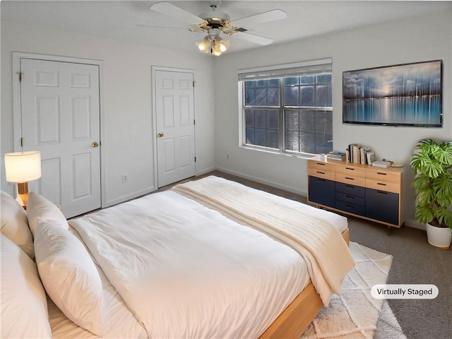 carpeted bedroom featuring ceiling fan