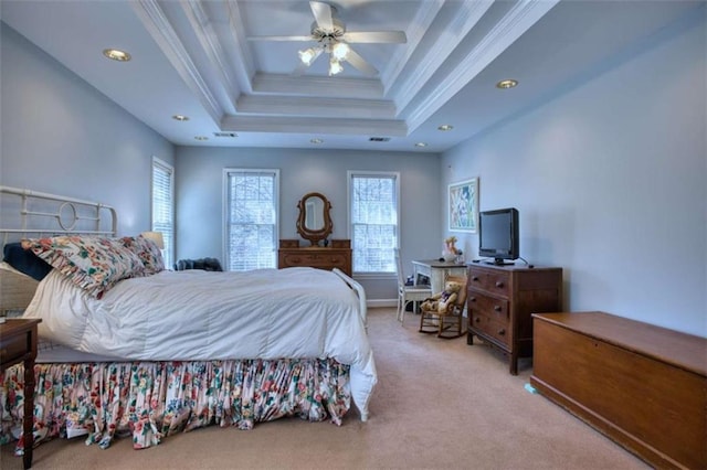 9600 Poplar Ct, Douglasville, GA 30135 - bedroom with crown molding, carpet flooring, a raised ceiling, a ceiling fan, and recessed lighting