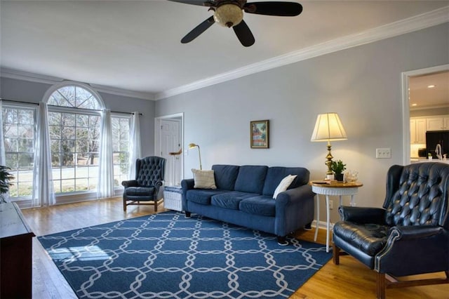 9600 Poplar Ct, Douglasville, GA 30135 - living area with wood finished floors, ceiling fan, and crown molding