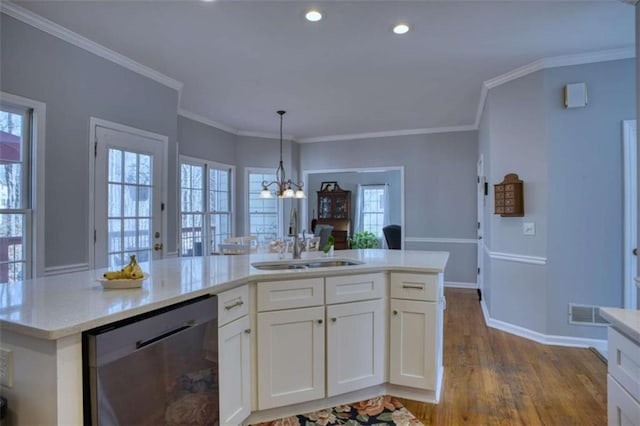 9600 Poplar Ct, Douglasville, GA 30135 - kitchen featuring dishwasher, a sink, dark wood finished floors, white cabinets, and a chandelier