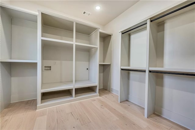 walk in closet with light wood-type flooring