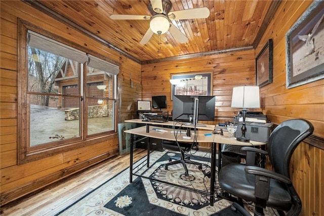 office featuring wooden ceiling, light hardwood / wood-style floors, ceiling fan, and wood walls