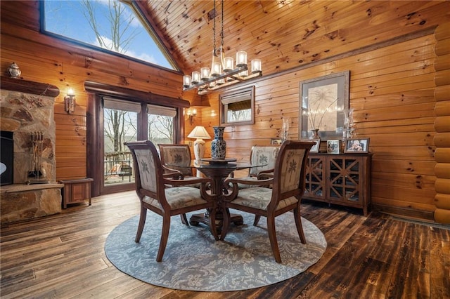 dining room with dark wood-type flooring, wood walls, wood ceiling, a chandelier, and high vaulted ceiling