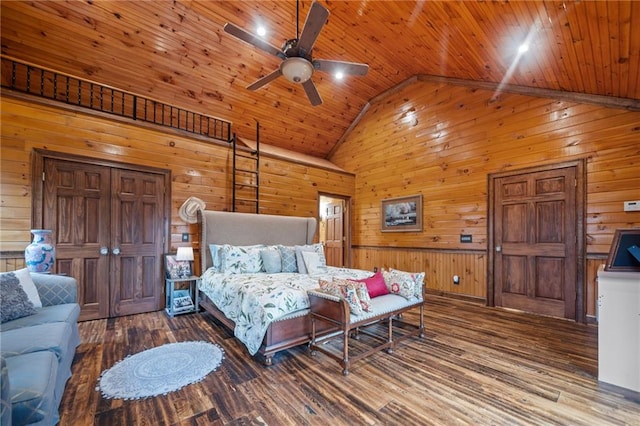 bedroom featuring wood ceiling, wood-type flooring, and wooden walls