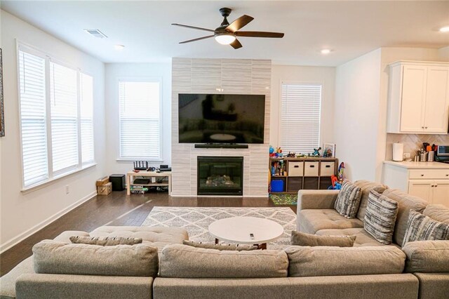 4734 Dewitt Dr, Duluth, GA 30097 - living area featuring a ceiling fan, baseboards, healthy amount of natural light, dark wood finished floors, and recessed lighting