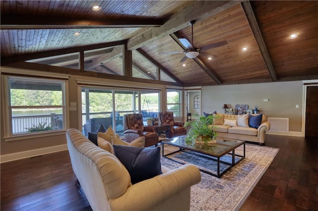 living room featuring ceiling fan, wooden ceiling, baseboards, lofted ceiling with beams, and hardwood / wood-style floors
