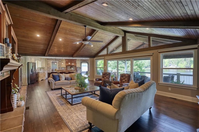 living area featuring baseboards, dark wood finished floors, ceiling fan, and wooden ceiling