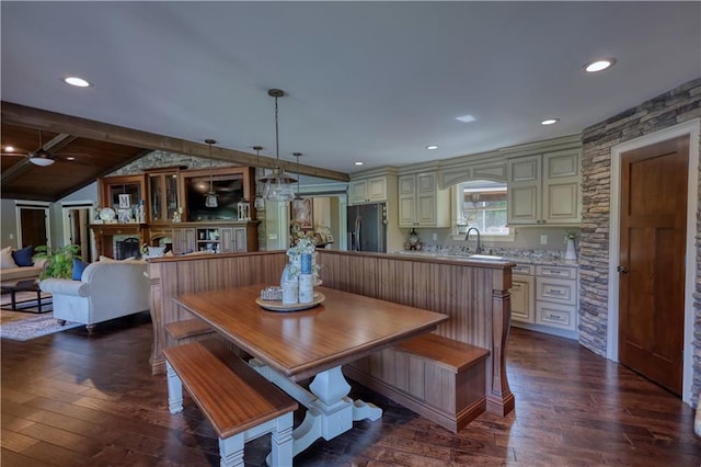 dining area featuring vaulted ceiling with beams, a ceiling fan, dark wood-style flooring, and recessed lighting