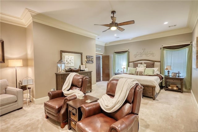 bedroom featuring crown molding, baseboards, light colored carpet, and visible vents