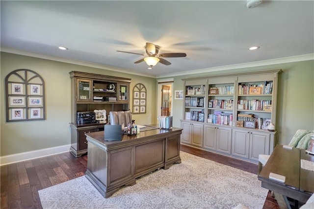 office space featuring crown molding, ceiling fan, recessed lighting, and wood finished floors
