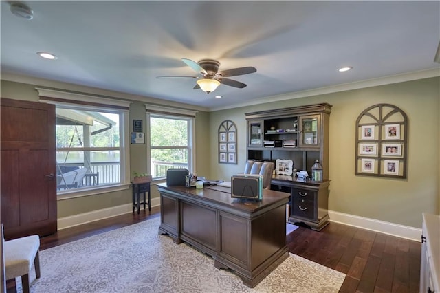 office area with a ceiling fan, crown molding, baseboards, recessed lighting, and dark wood-type flooring