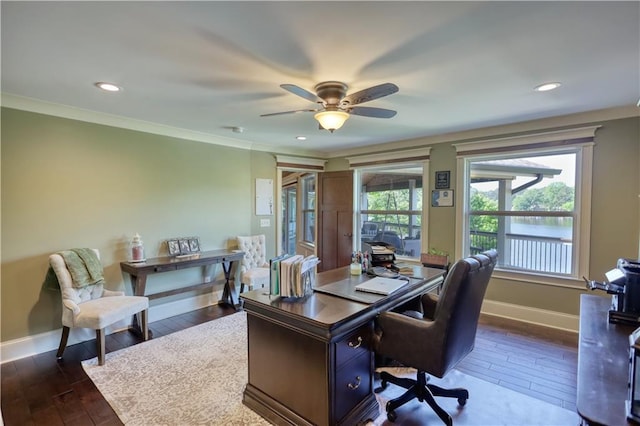 office with a ceiling fan, baseboards, recessed lighting, and dark wood-style floors