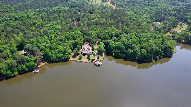 aerial view with a water view and a wooded view