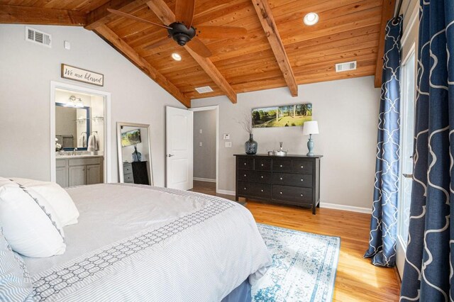 bedroom with visible vents, wooden ceiling, vaulted ceiling with beams, and wood finished floors