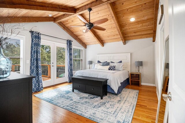 bedroom featuring access to outside, lofted ceiling with beams, french doors, light wood-style flooring, and wood ceiling
