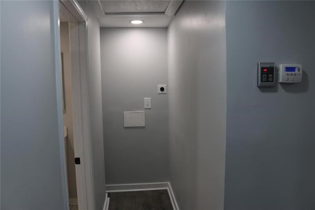 2040 Penelope St NW, Atlanta, GA 30314 - hallway with baseboards, attic access, and wood finished floors