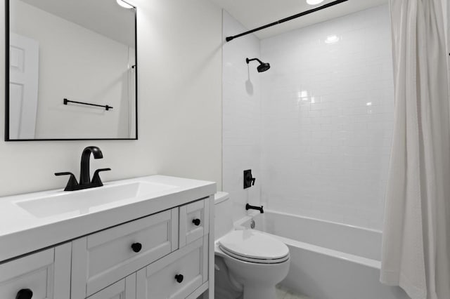 full bathroom with toilet, vanity, and shower / bathtub combination with curtain