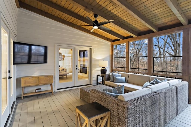 sunroom with french doors, ceiling fan, wooden ceiling, and vaulted ceiling with beams