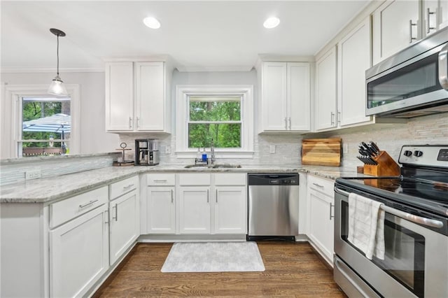 kitchen with a sink, plenty of natural light, stainless steel appliances, and a peninsula