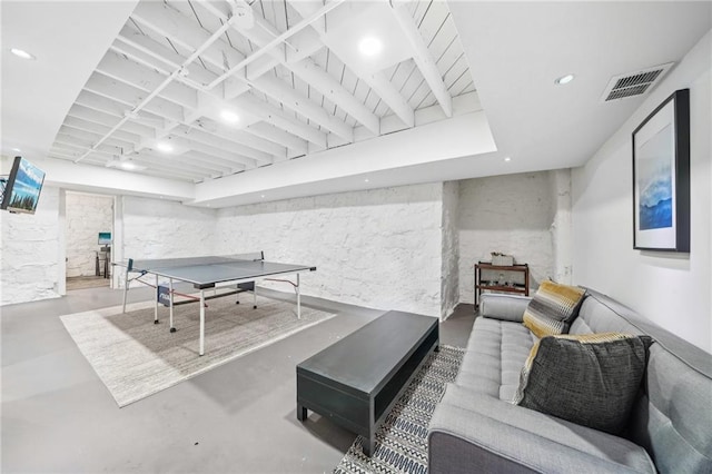recreation room with recessed lighting, concrete floors, and visible vents