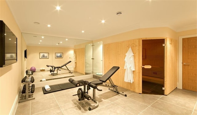 1103 Lynmoor Dr NE, Brookhaven, GA 30319 - exercise room featuring tile patterned flooring and crown molding