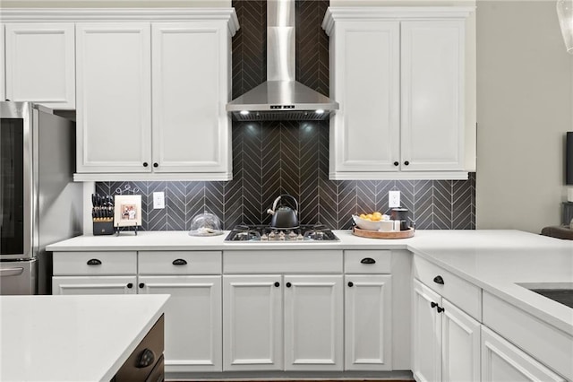 4896 Locklear Way, Marietta, GA 30066 - kitchen with wall chimney range hood, freestanding refrigerator, gas cooktop, and light countertops