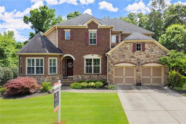 4896 Locklear Way, Marietta, GA 30066 - view of front facade with stone siding, a front lawn, driveway, an attached garage, and a shingled roof