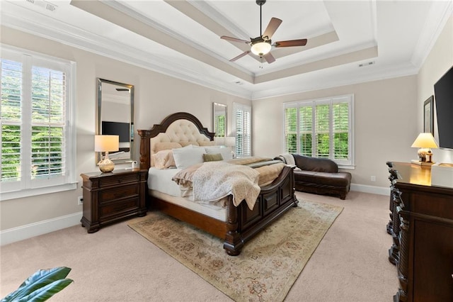 4896 Locklear Way, Marietta, GA 30066 - bedroom featuring light colored carpet, a tray ceiling, crown molding, baseboards, and a ceiling fan