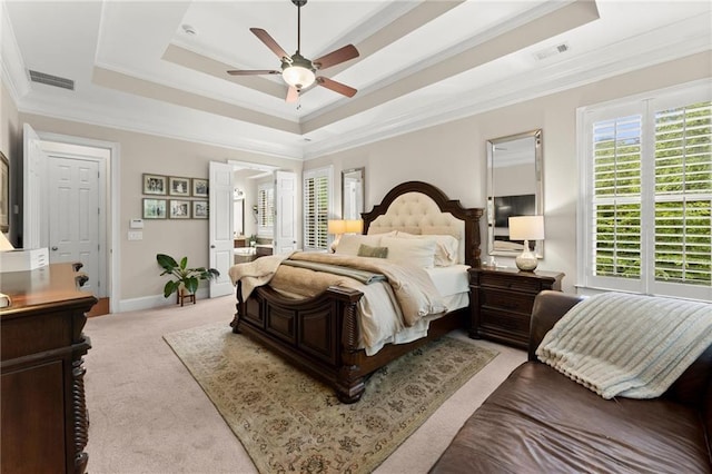 4896 Locklear Way, Marietta, GA 30066 - carpeted bedroom featuring a tray ceiling, crown molding, ceiling fan, ensuite bathroom, and baseboards