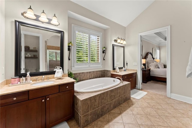 4896 Locklear Way, Marietta, GA 30066 - ensuite bathroom with two vanities, a garden tub, a stall shower, vaulted ceiling, and tile patterned flooring